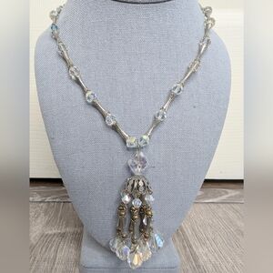 Vintage Aura Borealis Crystal Tassel Silver Necklace